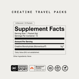 Supplement facts label for Creatine 15-Travel Packs showing unflavored creatine monohydrate with 15 packets per container, featuring certifications for GMO free, gluten free, vegan, and certified sport compliance.