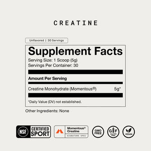 The Momentous Three creatine wellness supplement facts label showing 30 servings of creatine monohydrate with NSF Certified for Sport and vegan certification icons