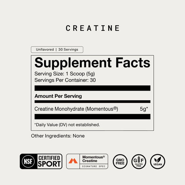 Supplement facts label for The Momentous Three creatine powder, showing 5g creatine monohydrate per serving, unflavored with 30 servings, and certifications for sport, gluten-free, vegan, and GMO-free.