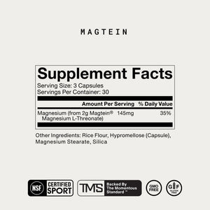 Magnesium L-Threonate supplement facts label showing a three capsule serving with 145 milligrams of magnesium plus NSF Certified Sport TMS GMO Free and gluten free certifications