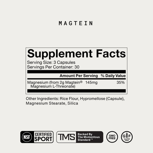 Magnesium L-Threonate supplement facts label showing a three capsule serving with 145 milligrams of magnesium plus NSF Certified Sport TMS GMO Free and gluten free certifications