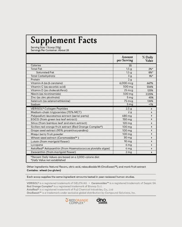 Supplement facts label for Advanced Skin Nutrition | ATIKA showing nutritional information, vitamins, minerals, and natural extracts supporting skincare and wellness supplements.