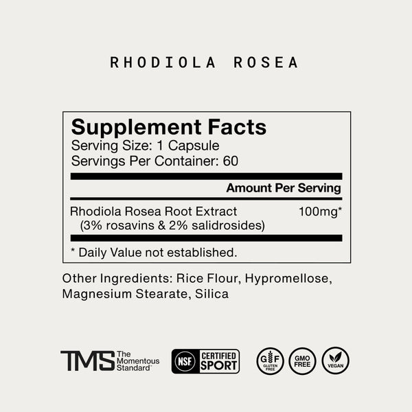 Supplement facts label for Rhodiola Rosea showing 100mg of Rhodiola Rosea root extract per capsule with 3% rosavins and 2% salidrosides, including other ingredients and certification icons.