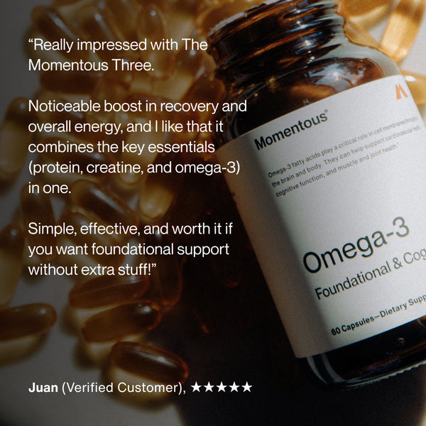 Close-up of an Omega-3 dietary supplement bottle labeled The Momentous Three surrounded by capsules with a customer review praising its support for recovery, energy, and foundational wellness.