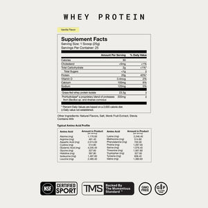 Whey Protein Isolate nutrition facts panel with vanilla flavor details amino acid profile and NSF Certified for Sport TMS GMO Free and gluten free certifications