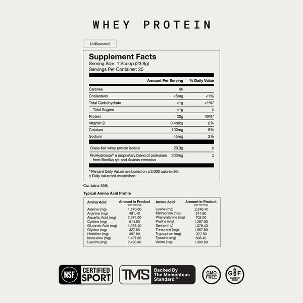 The Momentous Three whey protein supplement facts label with nutrition information amino acid profile and NSF Certified for Sport badge