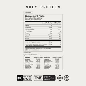 Whey Protein Isolate supplement facts label showing nutrition information amino acid profile and NSF Certified for Sport TMS GMO free and gluten free marks