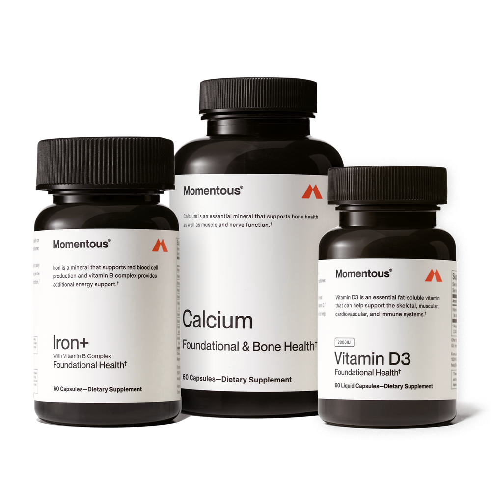 Three Momentous dietary supplement bottles featuring Iron+, Calcium, and Vitamin D3, presented as part of The Women’s Three™ wellness supplement collection.