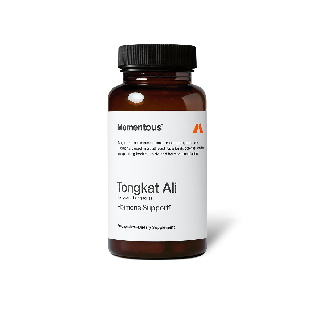 Brown bottle of Tongkat Ali dietary supplement capsules labeled for hormone support and wellness, featuring a minimalist white and black design.
