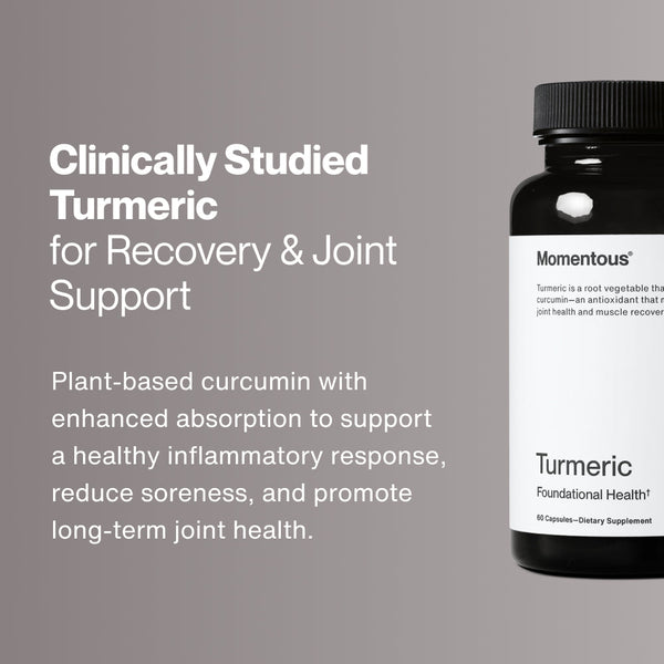Turmeric dietary supplement bottle with plant based curcumin promoting recovery joint support and a healthy inflammatory response for everyday wellness