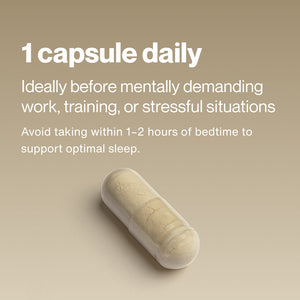 Instruction text explaining to take one Tyrosine capsule daily before mentally demanding work, training, or stressful situations, with a note to avoid taking it within 1-2 hours of bedtime, shown above a single beige capsule on a neutral background.