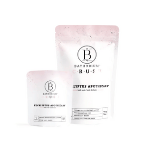 Two white and pink gradient bath soak pouches labeled Eucalyptus Apothecary Crush | Bathorium, featuring creamy effervescent lather and pure essential oils for wellness and skincare.