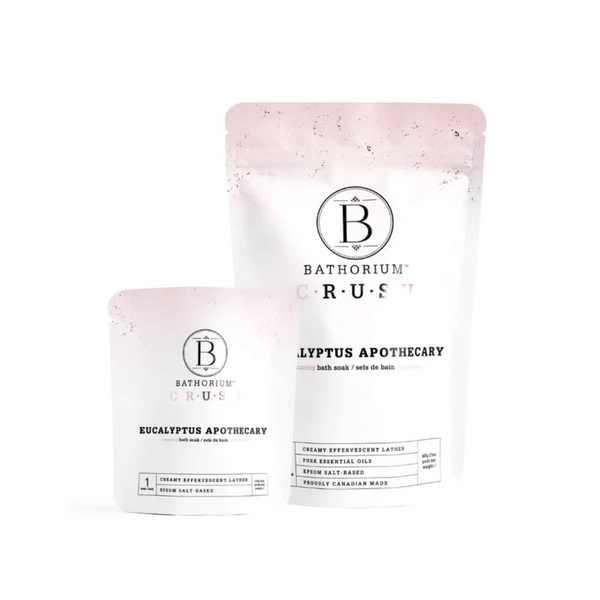 Two white and pink gradient bath soak pouches labeled Eucalyptus Apothecary Crush | Bathorium, featuring creamy effervescent lather and pure essential oils for wellness and skincare.