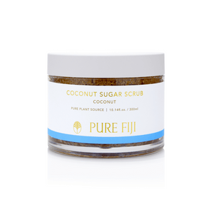 Jar of Coconut Sugar Scrub | Pure Fiji with a white lid and label featuring gold and blue accents, highlighting natural skincare and body care benefits.