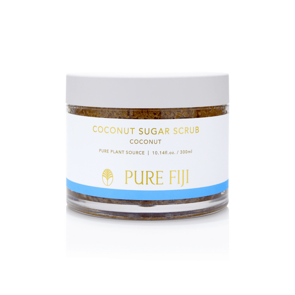 Jar of Coconut Sugar Scrub | Pure Fiji with a white lid and label featuring gold and blue accents, highlighting natural skincare and body care benefits.
