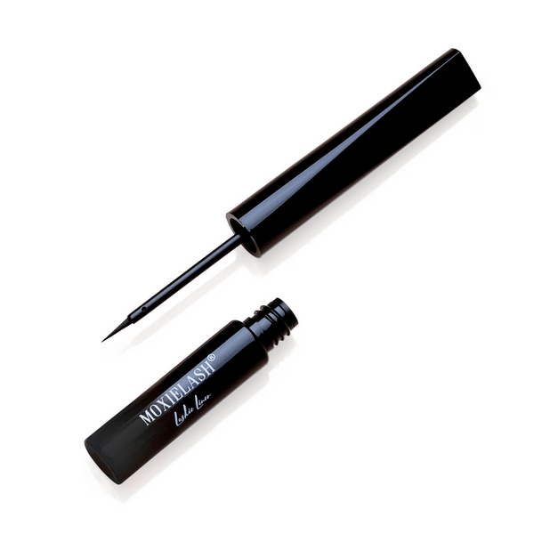 Open black liquid eyeliner with fine brush applicator and visible branding on the bottle, showcasing Lashies™ - Liner | Moxielash for precise eye makeup application.