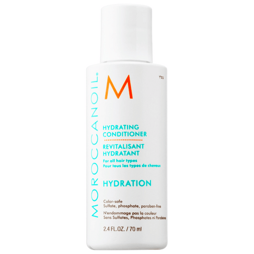 Bottle of Hydrating Conditioner | Moroccanoil with white packaging and turquoise and orange text, designed for hydration and safe for color-treated hair.