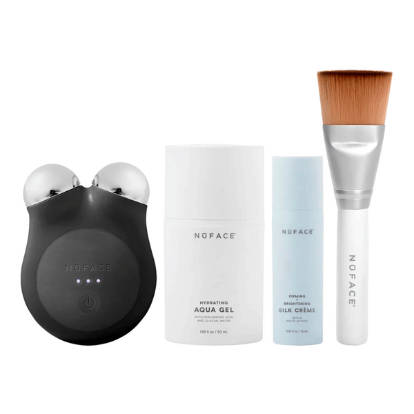 MINI+ Starter Kit | NuFACE featuring a black microcurrent device, hydrating aqua gel, firming brightening silk crème, and a makeup brush for skincare and wellness routines.