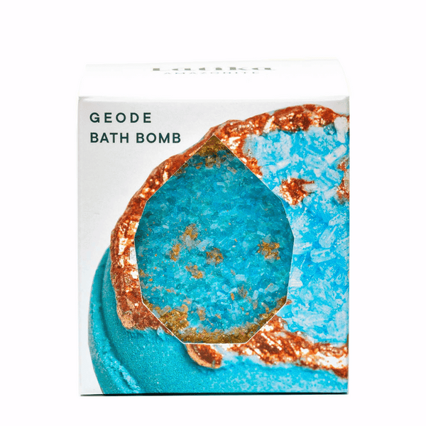 Packaging of the Amazonite – Geode Bath Bomb | Latika featuring a crystal-inspired bath bomb with vibrant blue and copper colors designed for skincare and wellness.
