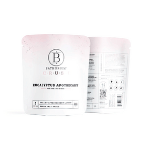 Front and back view of Eucalyptus Apothecary Crush | Bathorium in white resealable packaging showcasing creamy effervescent Epsom salt-based bath soak for skincare and wellness.