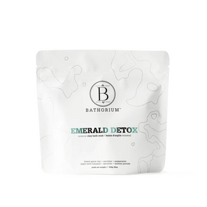 White resealable pouch packaging of Emerald Detox Clay Mineral Soak | Bathorium featuring minimalist design with subtle topographic lines and Bathorium logo at center.