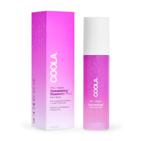 Rewakening™ Rosewater Mist Face Spray | COOLA in a pink gradient bottle and matching box, designed for skincare to refresh and rebalance fatigued skin with organic ingredients.