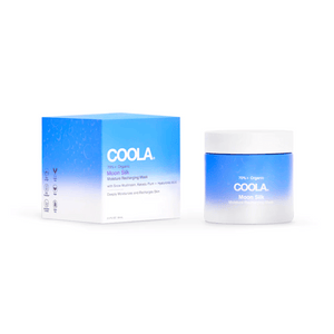COOLA Moon Silk Moisture Recharging Mask | COOLA in a blue and white jar next to its matching box, showcasing skincare designed for deep hydration and skin repair.