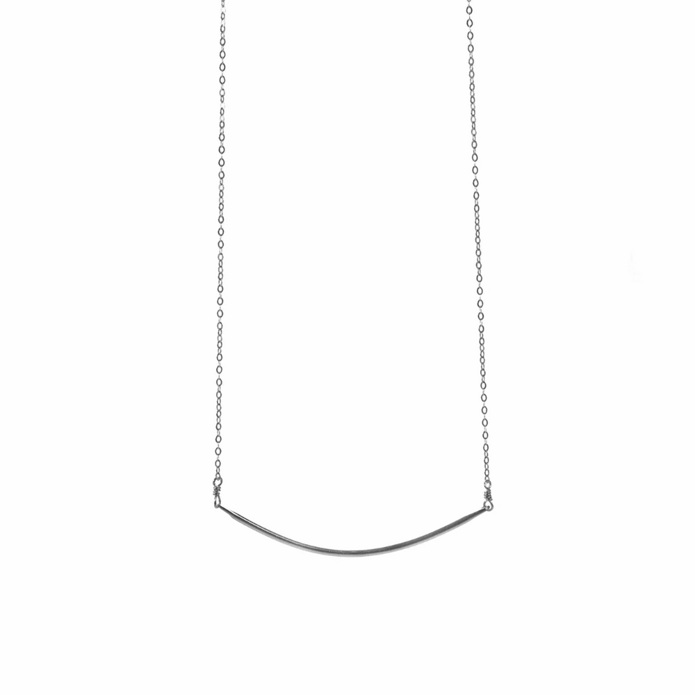 Rounded Bar Sterling Silver Necklace | Liv & B featuring a minimalist curved silver bar pendant on a delicate sterling silver chain, perfect for everyday elegance.