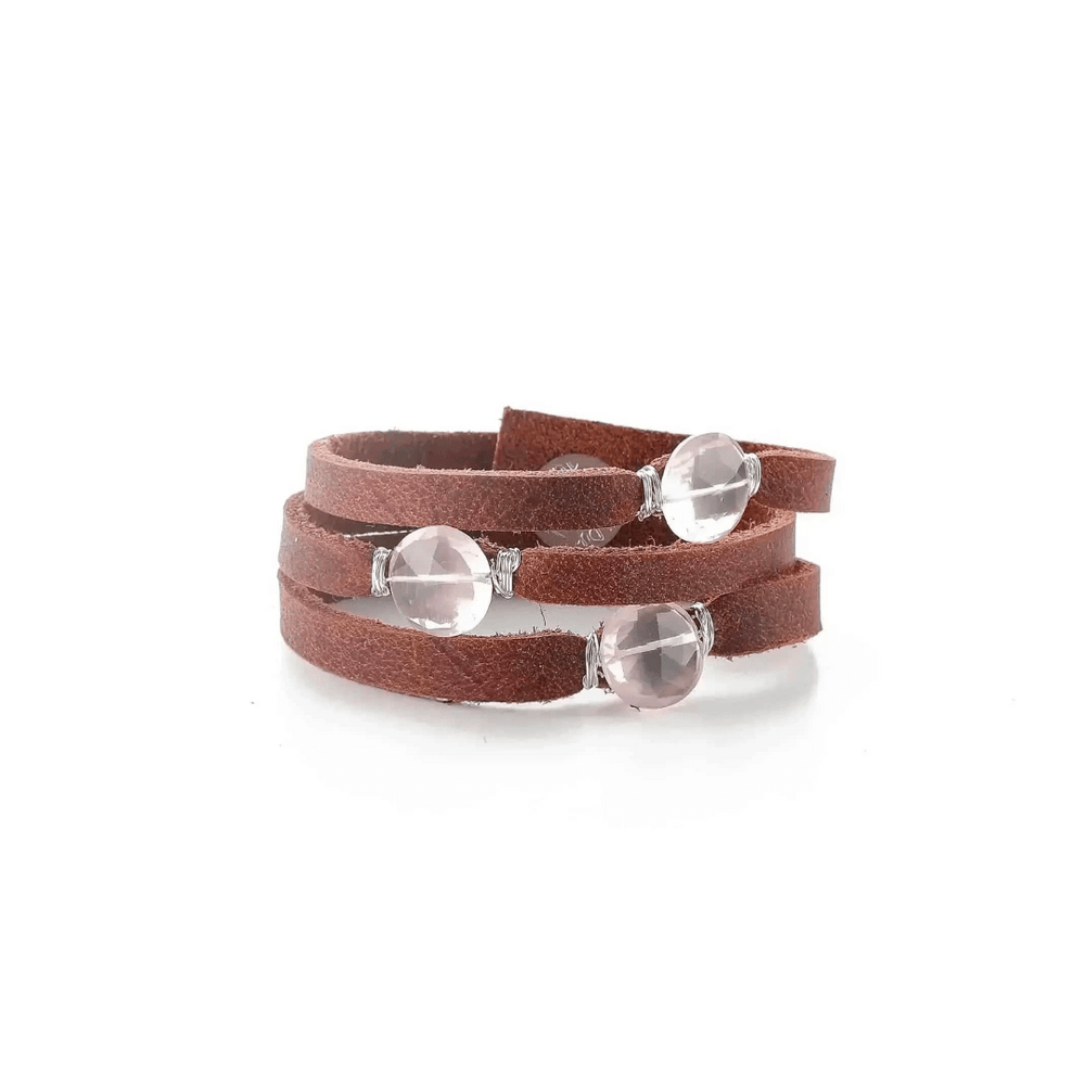 Mini Cinco Leather Wrap Bracelet | Liv & B featuring brown leather straps wrapped with clear round beads, designed for stylish, minimalist everyday wear.