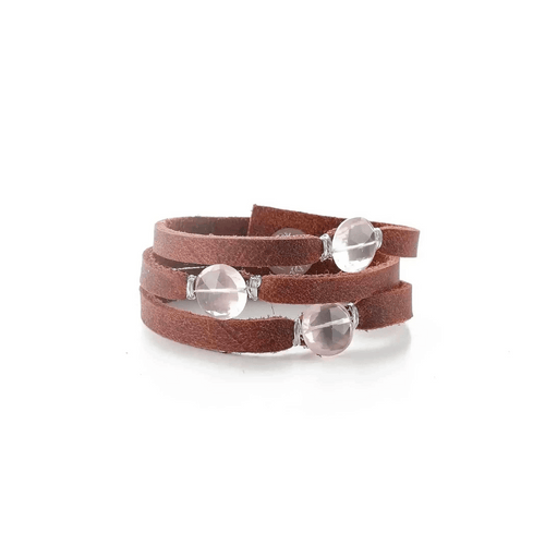 Mini Cinco Leather Wrap Bracelet | Liv & B featuring brown leather straps wrapped with clear round beads, designed for stylish, minimalist everyday wear.