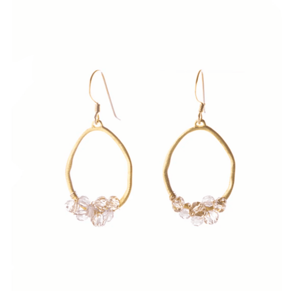 Champagne Quartz Cluster Earrings | Liv & B featuring delicate gold-tone open hoops adorned with clustered clear champagne quartz beads, designed for elegant everyday wear.