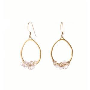 Champagne Quartz Cluster Earrings | Liv & B featuring delicate gold-tone open hoops adorned with clustered clear champagne quartz beads, designed for elegant everyday wear.