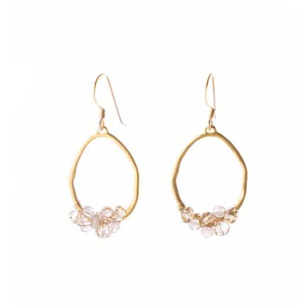 Champagne Quartz Cluster Earrings | Liv & B featuring delicate gold-tone open hoops adorned with clustered clear champagne quartz beads, designed for elegant everyday wear.