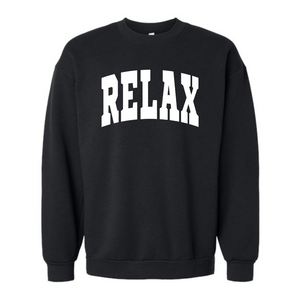 Black crew neck sweatshirt with the word RELAX in bold white collegiate letters, featuring a comfortable fit, called RELAX Collegiate Crew Neck Sweatshirt | Lucky Owl.