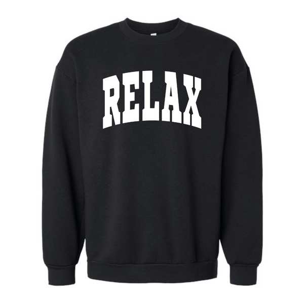 Black crew neck sweatshirt with the word RELAX in bold white collegiate letters, featuring a comfortable fit, called RELAX Collegiate Crew Neck Sweatshirt | Lucky Owl.
