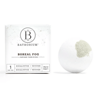 Boreal Fog Bath Bomb | Bathorium featuring a white bath bomb with gray powder and eucalyptus plus vetiver scent, packaged in a minimalist white box promoting skincare and wellness.