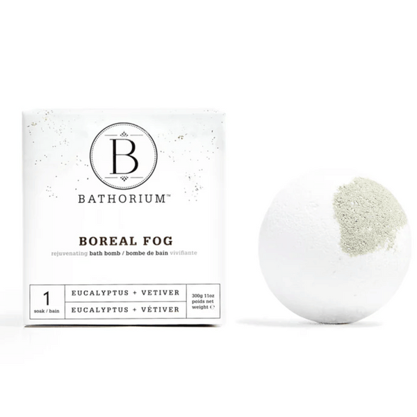 Boreal Fog Bath Bomb | Bathorium featuring a white bath bomb with gray powder and eucalyptus plus vetiver scent, packaged in a minimalist white box promoting skincare and wellness.