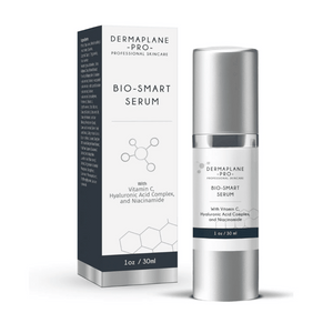 Bio-Smart Serum | DermaplanePro bottle and packaging displayed, featuring skincare ingredients like Vitamin C, Hyaluronic Acid Complex, and Niacinamide for advanced skin care.