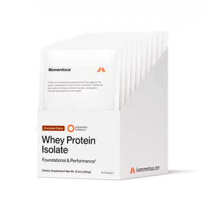 Box of Whey Protein Isolate 10-Travel Packs in chocolate flavor displayed with individual white packets, highlighting a dietary supplement for wellness and recovery.