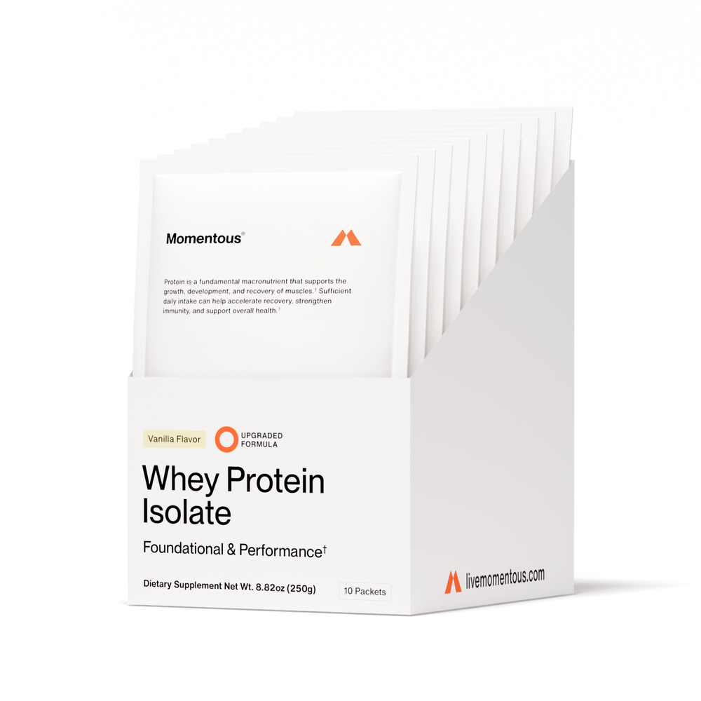 Box of Whey Protein Isolate 10-Travel Packs in chocolate flavor displayed with individual white packets, highlighting a dietary supplement for wellness and recovery.
