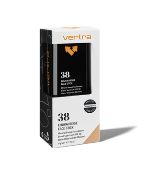 Boxed Ehukai Beige Sunscreen Face Stick SPF 38 | Vertra, with mineral-based foundation, broad spectrum protection, and water resistance for 80 minutes, designed for skincare use.