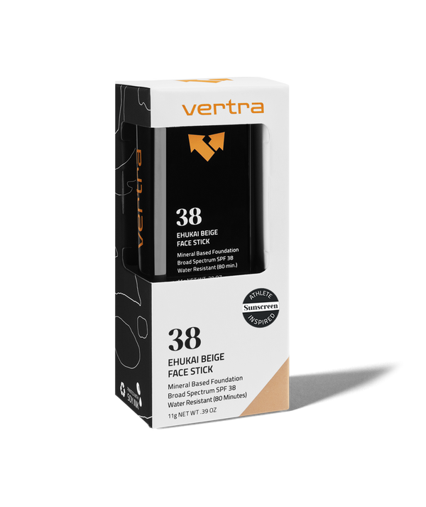 Boxed Ehukai Beige Sunscreen Face Stick SPF 38 | Vertra, with mineral-based foundation, broad spectrum protection, and water resistance for 80 minutes, designed for skincare use.