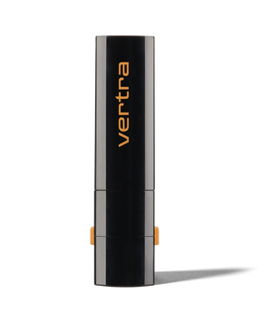 Black cylindrical sunscreen stick container with orange Vertra branding, containing Ehukai Beige Sunscreen Face Stick SPF 38 | Vertra for skincare use.