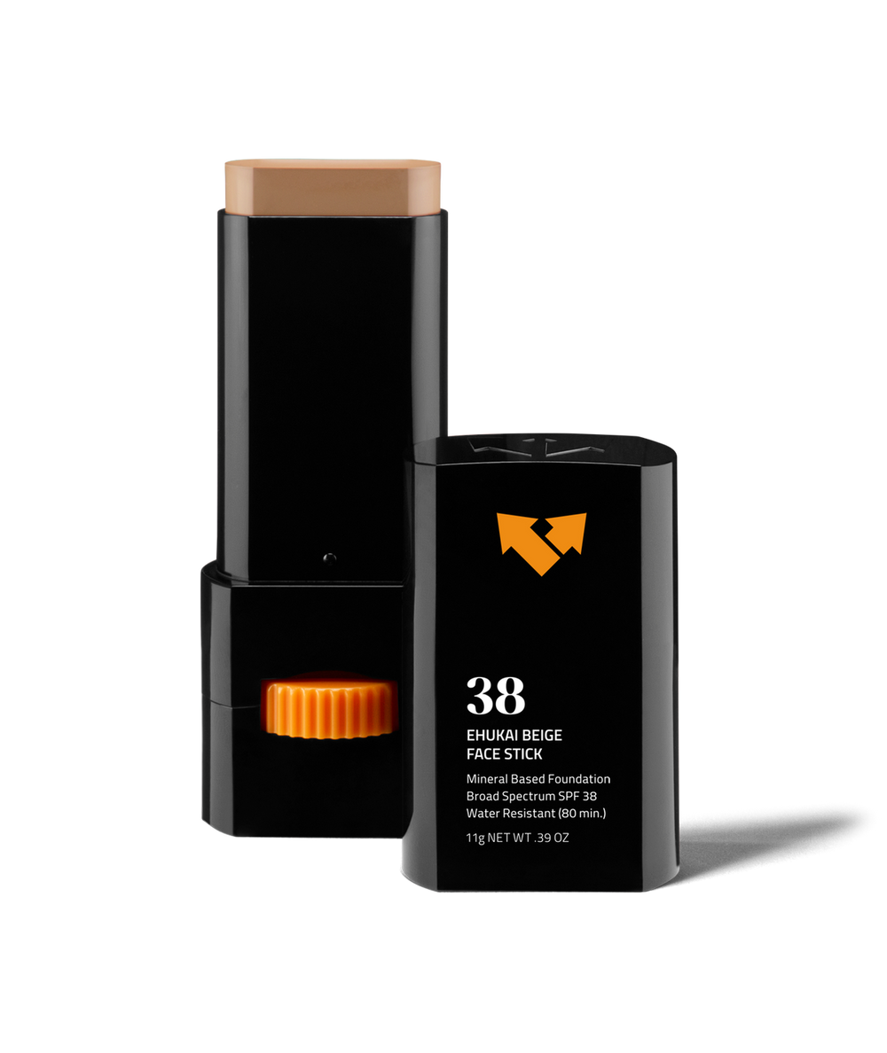 Ehukai Beige Sunscreen Face Stick SPF 38 | Vertra shown with beige tinted sunscreen stick in black packaging, designed for easy application and sun protection in skincare.