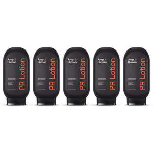 Five black bottles of Amp Human PR Lotion arranged in a row, showcasing the "PR Lotion® Buy 4, Get 1 Free. $175 Value" offer for skincare and body care.