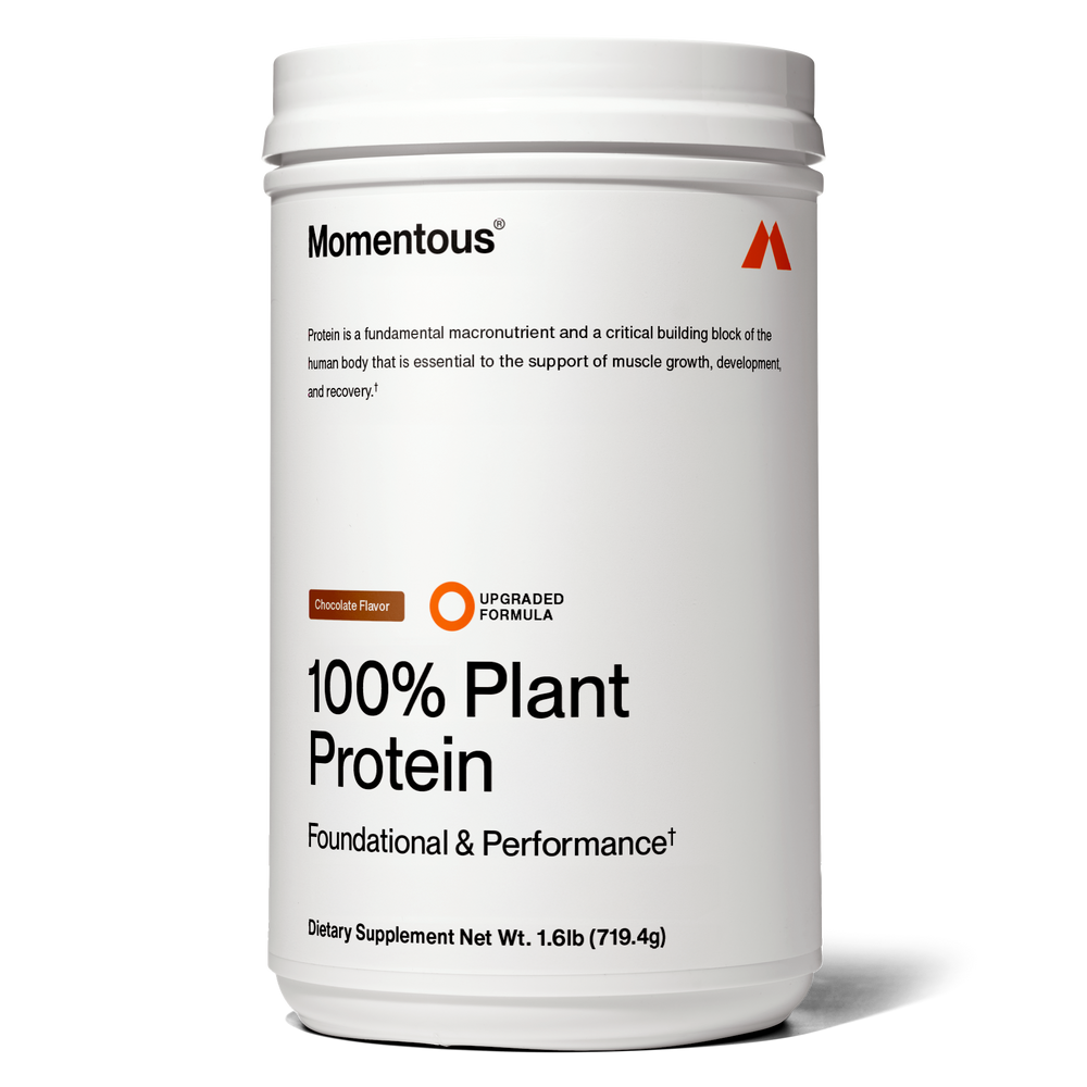 Container of 100% Plant Protein Powder dietary supplement in chocolate flavor with foundational and performance support for muscle growth and recovery