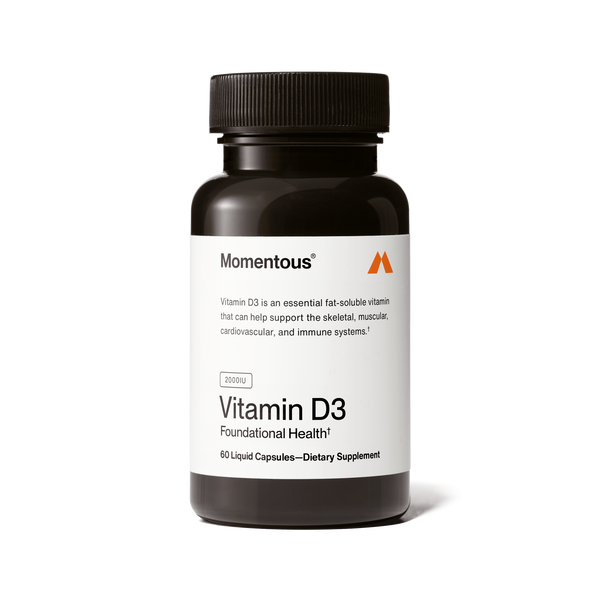 Bottle of Momentous Vitamin D3 2000 IU dietary supplement with 60 liquid capsules supporting skeletal, muscular, cardiovascular, and immune health for wellness supplements.