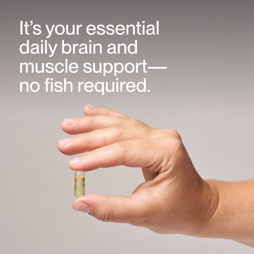 Bottle of Vegan Omega-3 dietary supplement capsules with text highlighting cardiovascular, cognitive, muscle, and joint support from algae oil EPA and DHA.