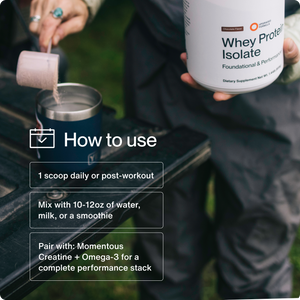 Whey Protein Isolate container with a scoop of powder being mixed into a drink as part of a daily or post workout wellness supplements routine