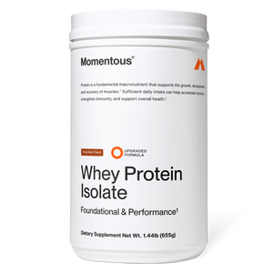 Container of Momentous Whey Protein Isolate dietary supplement in chocolate flavor, designed to support muscle growth, recovery, and overall wellness.